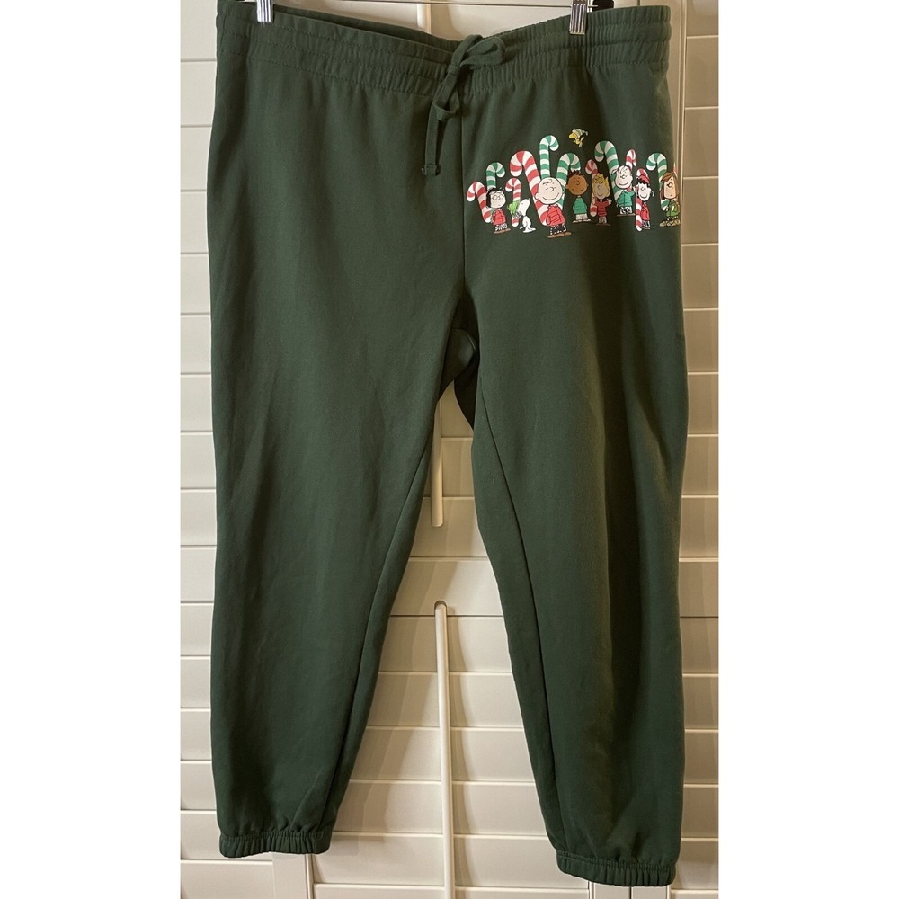 Peanuts Womens Small Sweatpants Green Christmas Charlie Brown Snoopy Candy Cane